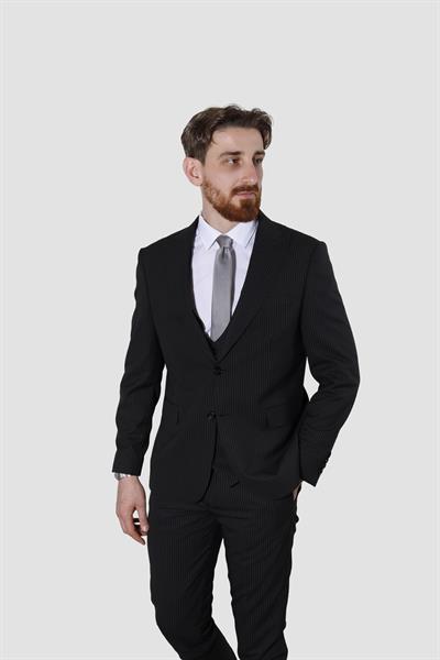 Erkek Çizgili Yelekli Slim Fit Takım Elbise MK37-SİYAH