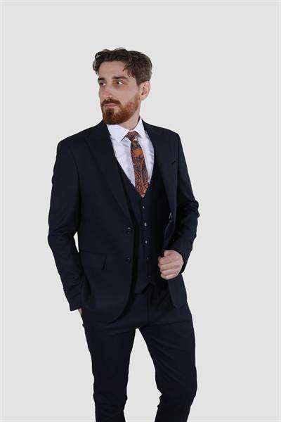Erkek Armürlü Yelekli Slim Fit Takım Elbise 6023AR-LACİVERT