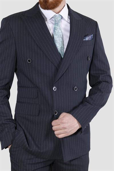 Erkek Çizgili Kruvaze Slim Fit Takım Elbise 6025-K.LACİVERT