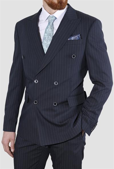 Erkek Çizgili Kruvaze Slim Fit Takım Elbise 6025-K.LACİVERT