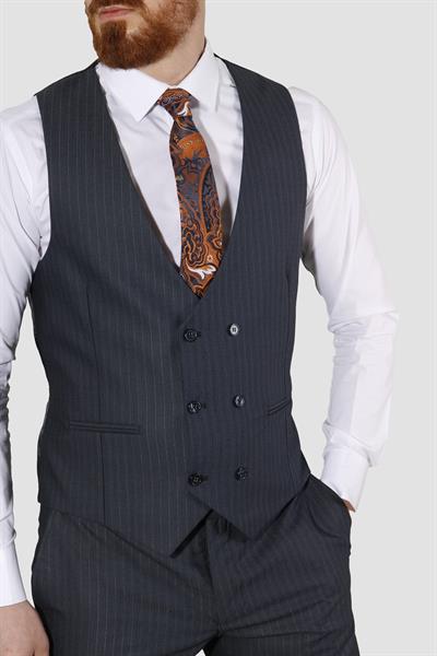 Erkek Tek Düğme Çizgili Yelekli Slim Fit Takım Elbise 6561-LACİVERT