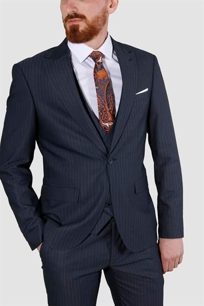 Erkek Tek Düğme Çizgili Yelekli Slim Fit Takım Elbise 6561-LACİVERT