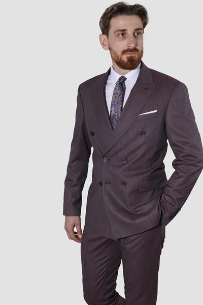 Erkek Çizgili Kruvaze Slim Fit Takım Elbise 6562-VİŞNE