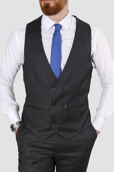 Erkek Çizgili Yelekli Slim Fit Takım Elbise 6566-ANTRASİT
