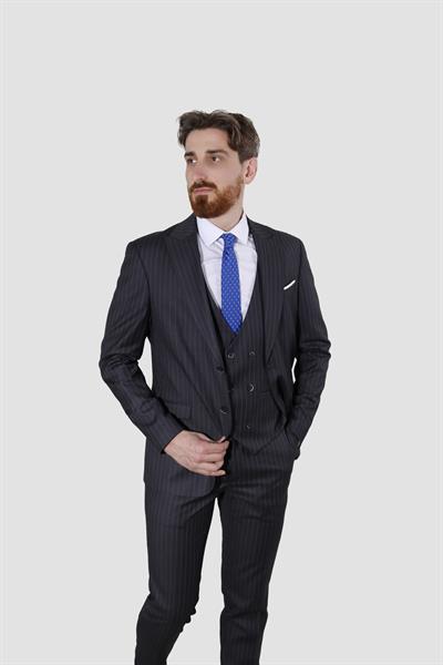 Erkek Çizgili Yelekli Slim Fit Takım Elbise 6566-ANTRASİT
