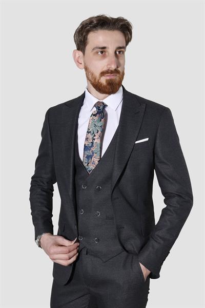 Erkek Desenli Yelekli Slim Fit Takım Elbise 6566-SİYAH