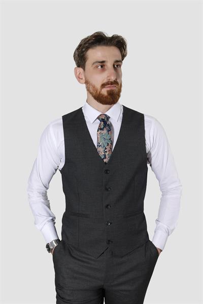Erkek Desenli Yelekli Slim Fit Takım Elbise 6570-ANTRASİT