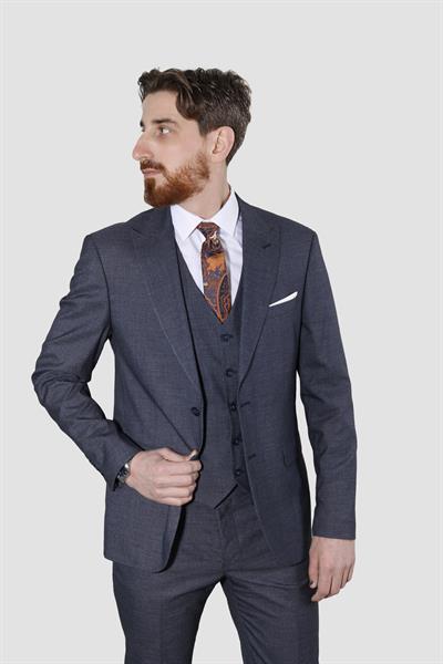 Erkek Desenli Yelekli Slim Fit Takım Elbise 6570-LACİVERT
