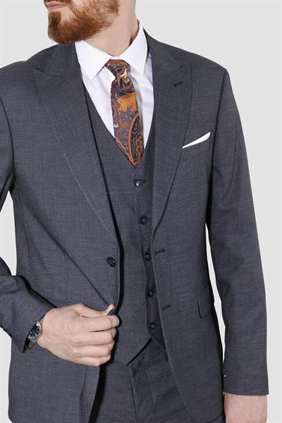 Erkek Desenli Yelekli Slim Fit Takım Elbise 6570-LACİVERT