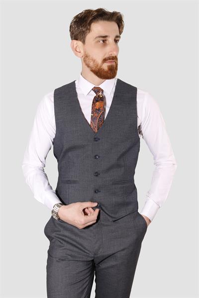 Erkek Desenli Yelekli Slim Fit Takım Elbise 6570-LACİVERT