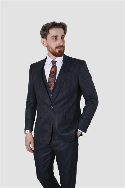 Erkek Tek Düğme Çizgili Desenli Slim Fit Takım Elbise 4051-SİYAH