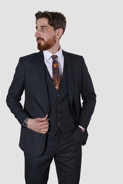 Erkek Tek Düğme Çizgili Desenli Slim Fit Takım Elbise 4051-SİYAH
