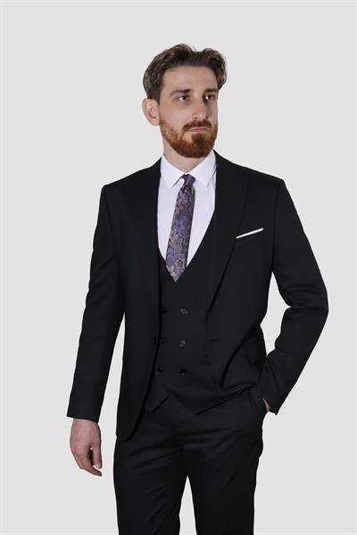 Erkek Tek Düğme Yelekli Slim Fit Takım Elbise 6008E-SİYAH