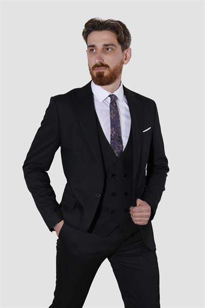 Erkek Tek Düğme Yelekli Slim Fit Takım Elbise 6008E-SİYAH
