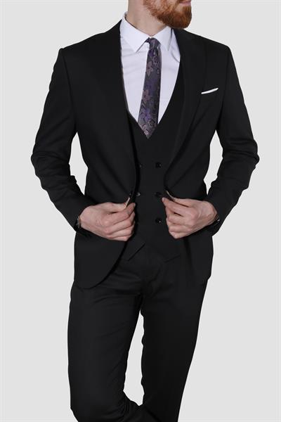 Erkek Tek Düğme Yelekli Slim Fit Takım Elbise 6008E-SİYAH