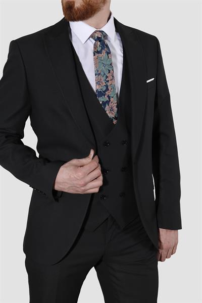 Erkek Tek Düğme Armürlü Yelekli Slim Fit Takım Elbise 6050-SİYAH
