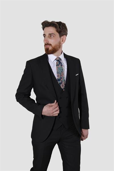 Erkek Tek Düğme Armürlü Yelekli Slim Fit Takım Elbise 6050-SİYAH