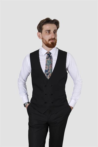 Erkek Tek Düğme Armürlü Yelekli Slim Fit Takım Elbise 6050-SİYAH