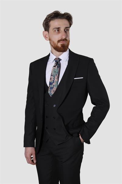 Erkek Tek Düğme Armürlü Yelekli Slim Fit Takım Elbise 6050-SİYAH
