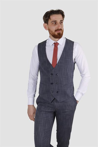 Erkek Tek Düğme Çizgili Desenli Yelekli Slim Fit Takım Elbise 6504-LACİVERT