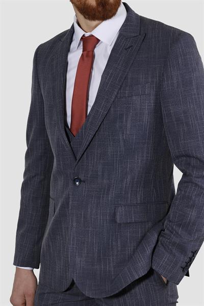 Erkek Tek Düğme Çizgili Desenli Yelekli Slim Fit Takım Elbise 6504-LACİVERT