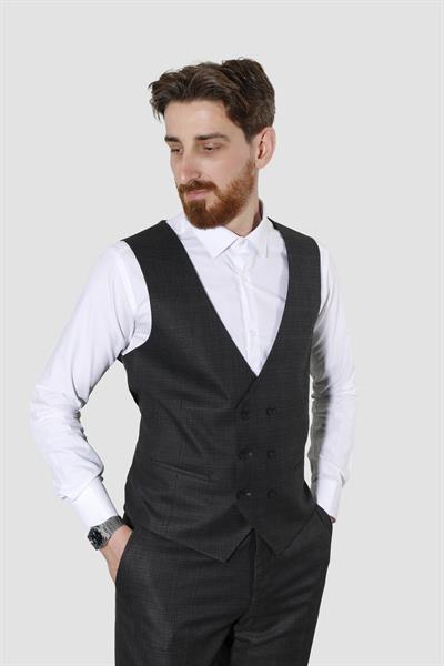 Erkek Tek Düğme Desenli Yelekli Slim Fit Takım Elbise 7007-SİYAH