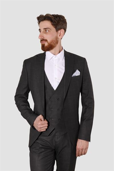 Erkek Tek Düğme Desenli Yelekli Slim Fit Takım Elbise 7007-SİYAH