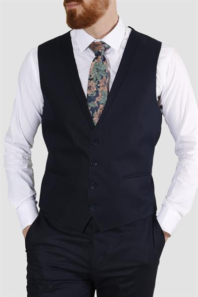 Erkek Tek Düğme Armürlü Yelekli Slim Fit Takım Elbise 7040M-LACİVERT