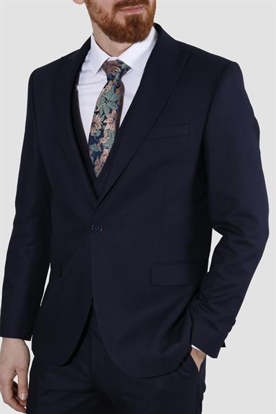 Erkek Tek Düğme Armürlü Yelekli Slim Fit Takım Elbise 7040M-LACİVERT