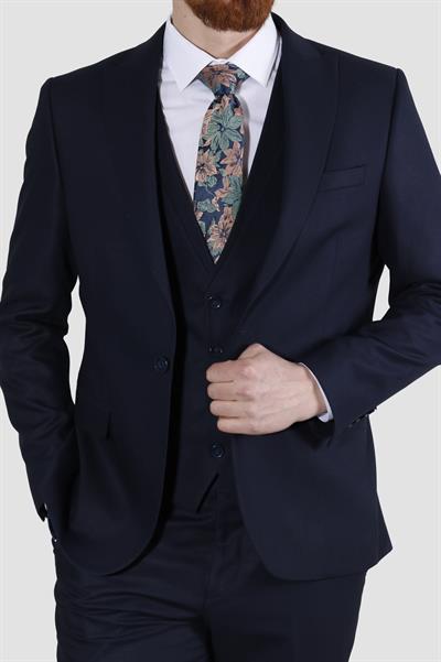 Erkek Tek Düğme Armürlü Yelekli Slim Fit Takım Elbise 7040M-LACİVERT