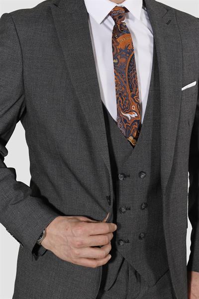 Erkek Tek Düğme Desenli Yelekli Slim Fit Takım Elbise 7485-GRİ