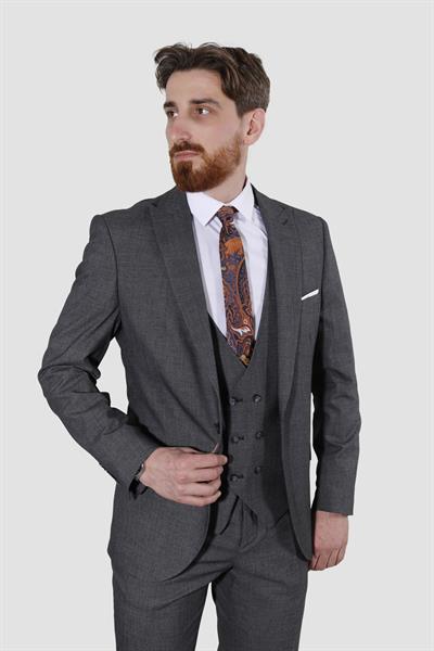 Erkek Tek Düğme Desenli Yelekli Slim Fit Takım Elbise 7485-GRİ