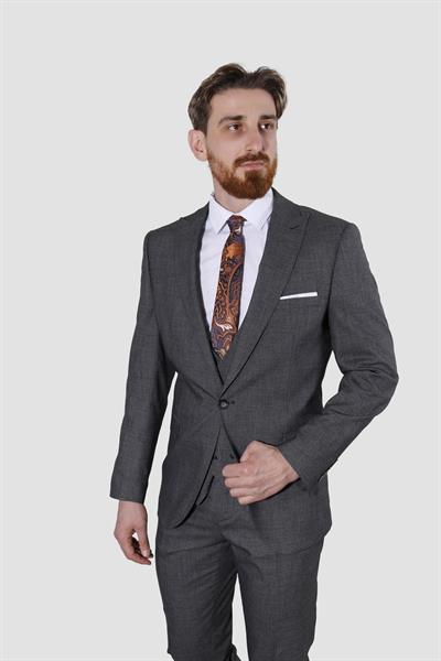 Erkek Tek Düğme Desenli Yelekli Slim Fit Takım Elbise 7485-GRİ