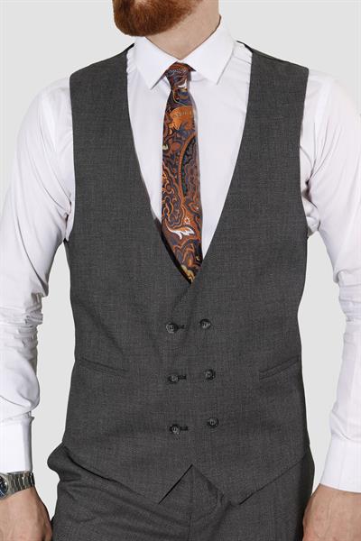 Erkek Tek Düğme Desenli Yelekli Slim Fit Takım Elbise 7485-GRİ