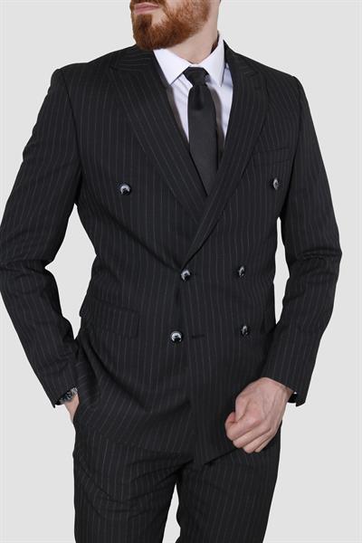 Erkek Çizgili Kruvaze Slim Fit Takım Elbise ARMADA09-SİYAH