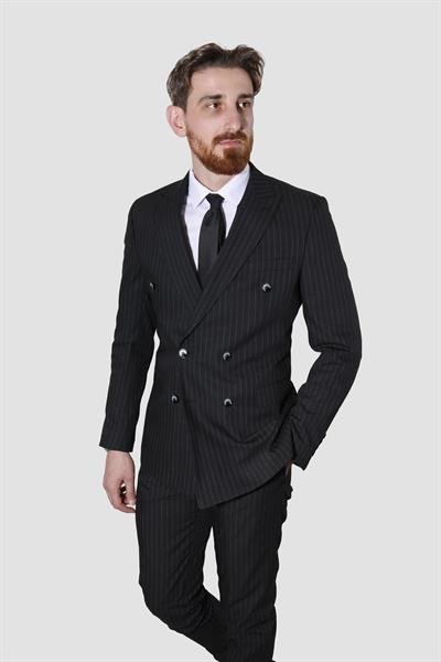 Erkek Çizgili Kruvaze Slim Fit Takım Elbise ARMADA09-SİYAH