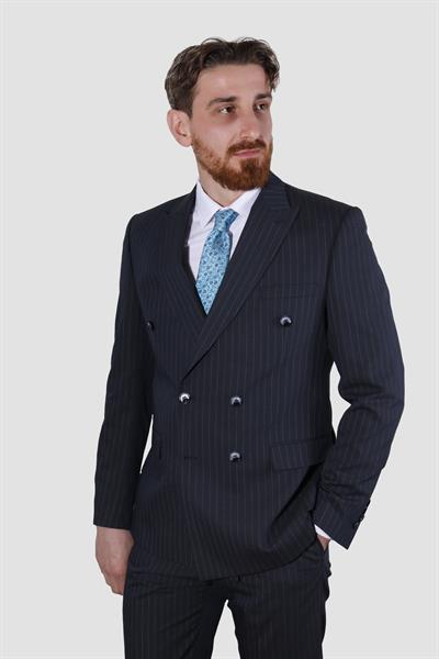 Erkek Çizgili Kruvaze Slim Fit Takım Elbise ARMADA10-LACİVERT