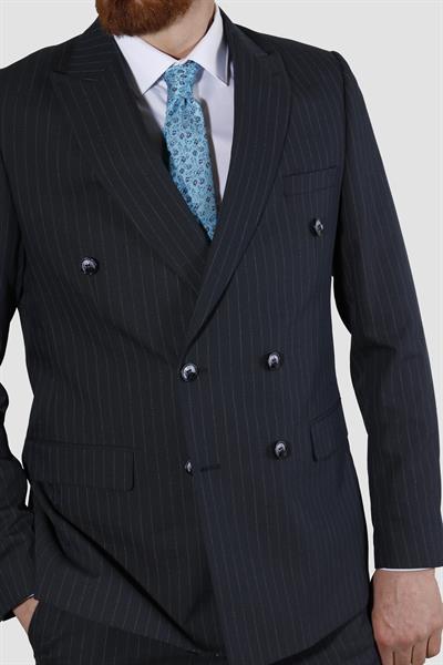 Erkek Çizgili Kruvaze Slim Fit Takım Elbise ARMADA10-LACİVERT