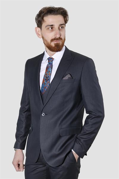 Erkek Tek Düğme Desenli Yelekli Slim Fit Takım Elbise W8211-LACİVERT