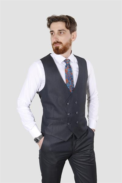 Erkek Tek Düğme Desenli Yelekli Slim Fit Takım Elbise W8211-LACİVERT