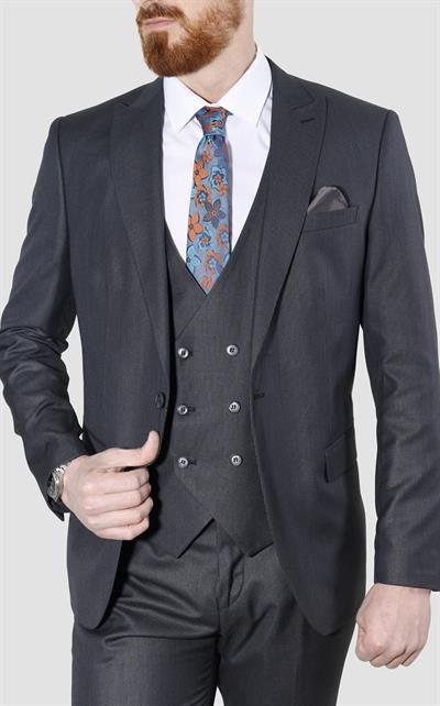 Erkek Tek Düğme Desenli Yelekli Slim Fit Takım Elbise W8211-LACİVERT