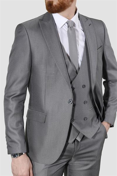 Erkek Tek Düğme Armürlü Yelekli Slim Fit Takım Elbise-GRİ