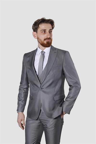 Erkek Tek Düğme Armürlü Yelekli Slim Fit Takım Elbise-GRİ
