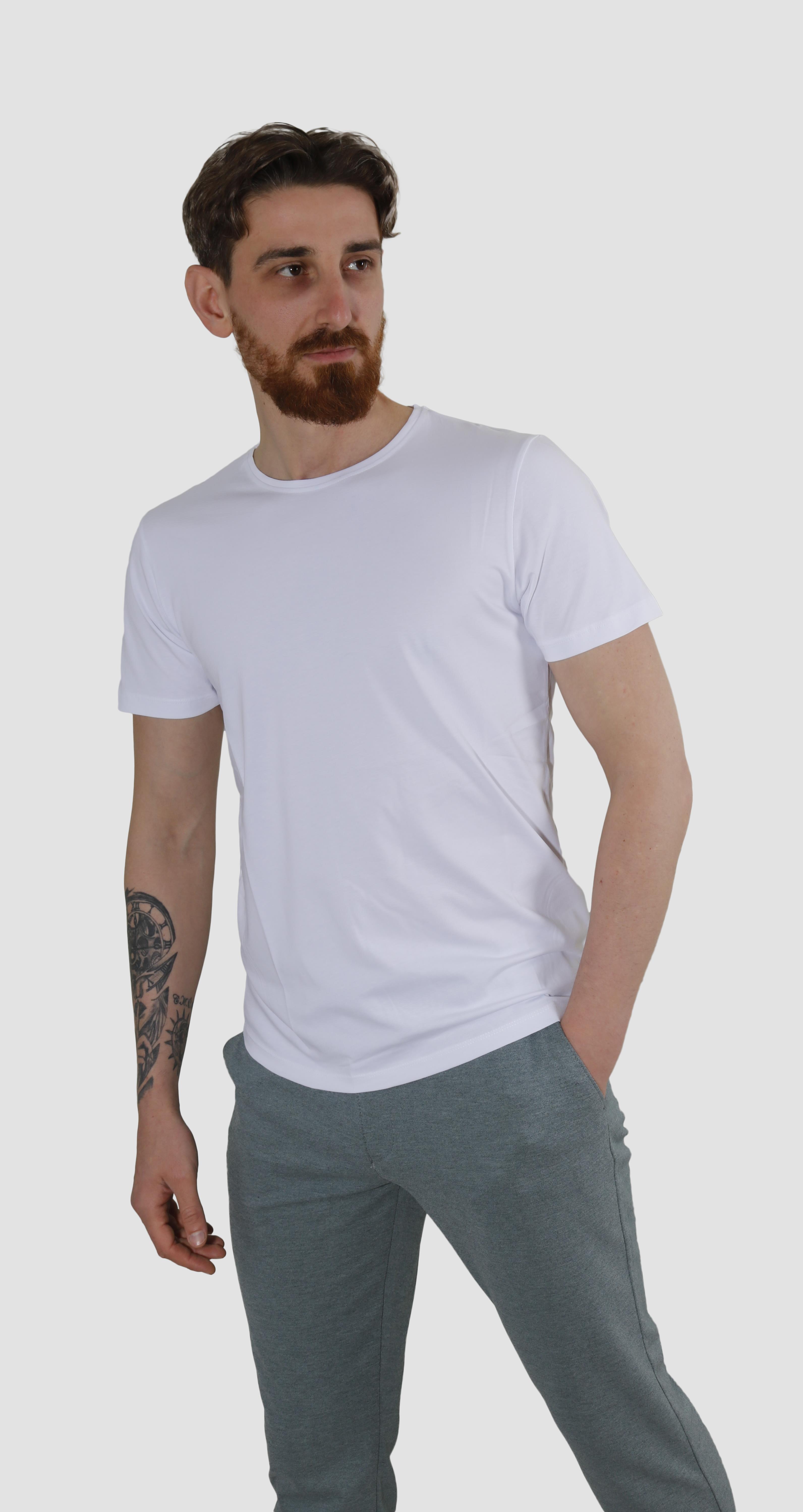 GLOBAY 3068 HSK DUZ SIFIR YAKA T-SHIRT-BEYAZ
