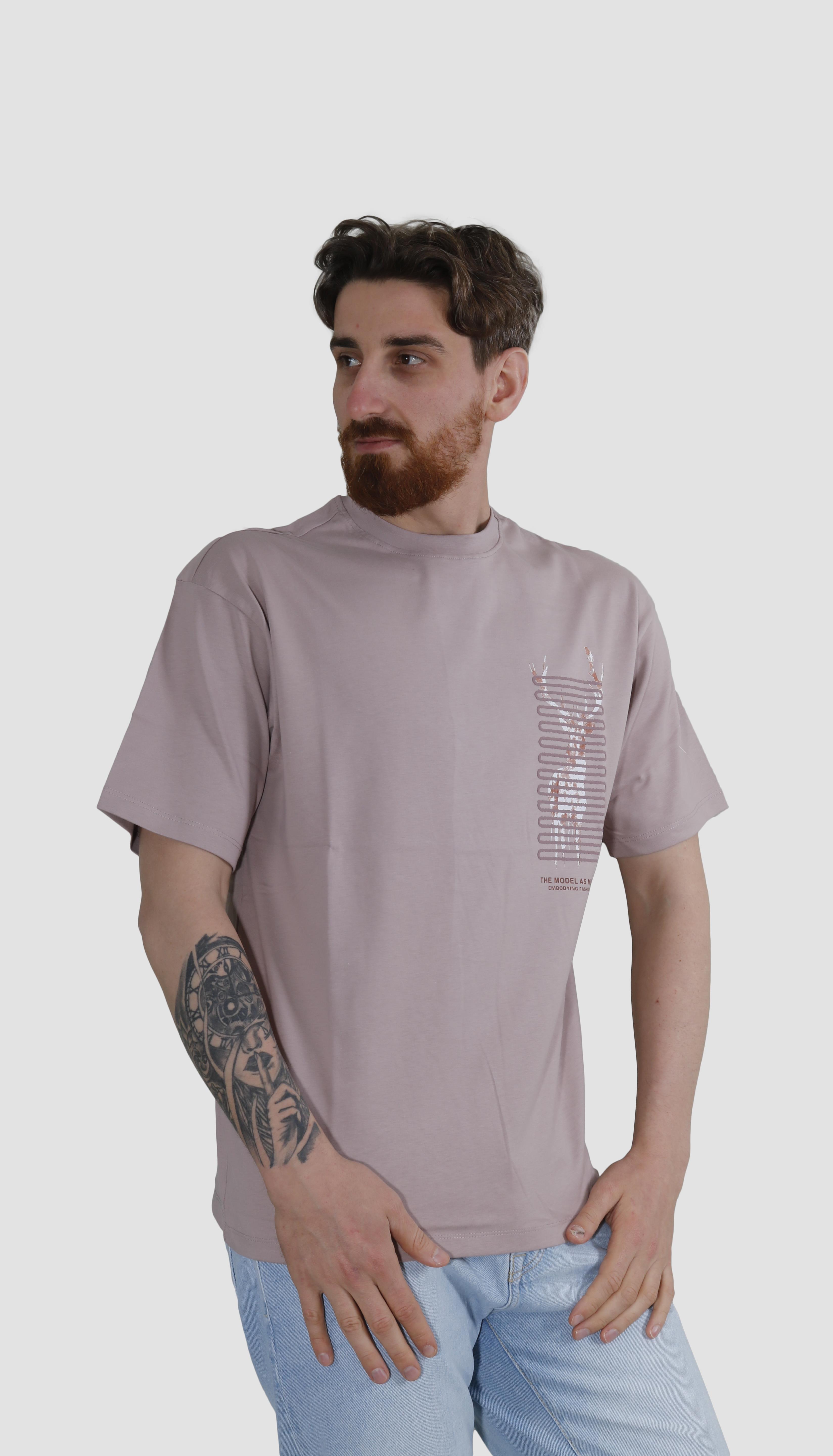 GLOBAY 3121 HSK OVERSIZE BASKILI T-SHIRT-GÜL KURUSU