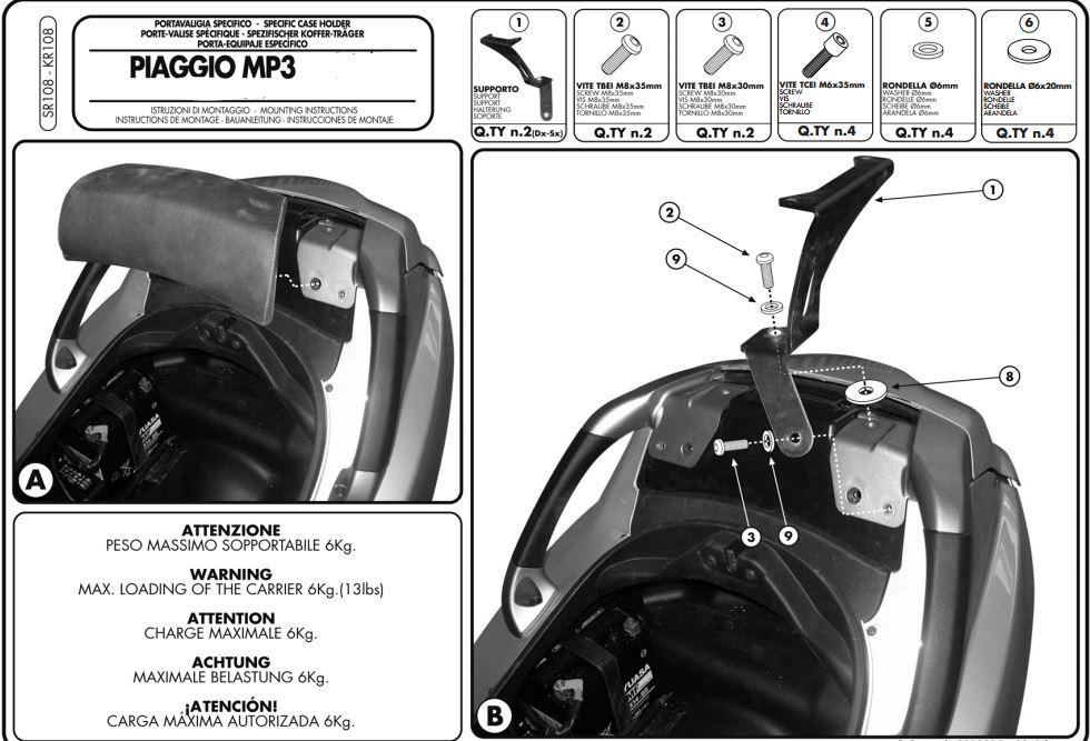 GIVI SR108 PIAGGIO MP3 125-250-300-400-500 (06-14) ARKA ÇANTA TAŞIYICI
