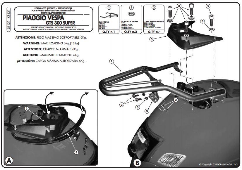 GIVI SR131 PIAGGIO VESPA GTS 125-300 SUPER (08-22) ARKA ÇANTA TAŞIYICI