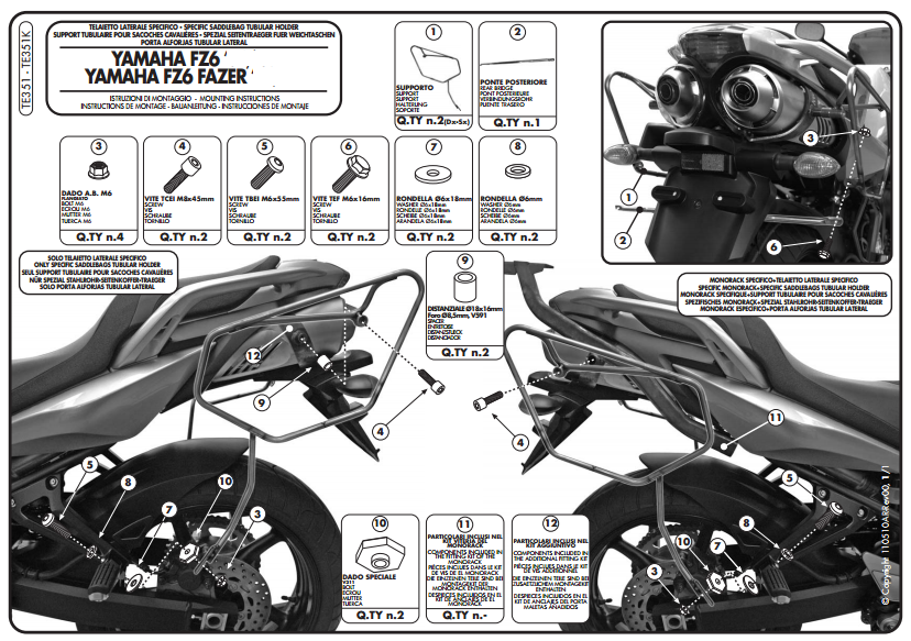 GIVI TE351 YAMAHA FZ6 S2 - FZ6 600 FAZER S2 (07-11) YAN KUMAŞ ÇANTA TAŞIYICI