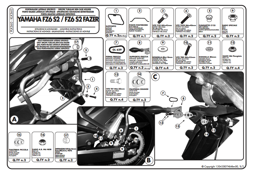 KAPPA KLX360 YAMAHA FZ6 S2 - FZ6 600 FAZER S2 (07-11) YAN ÇANTA TAŞIYICI