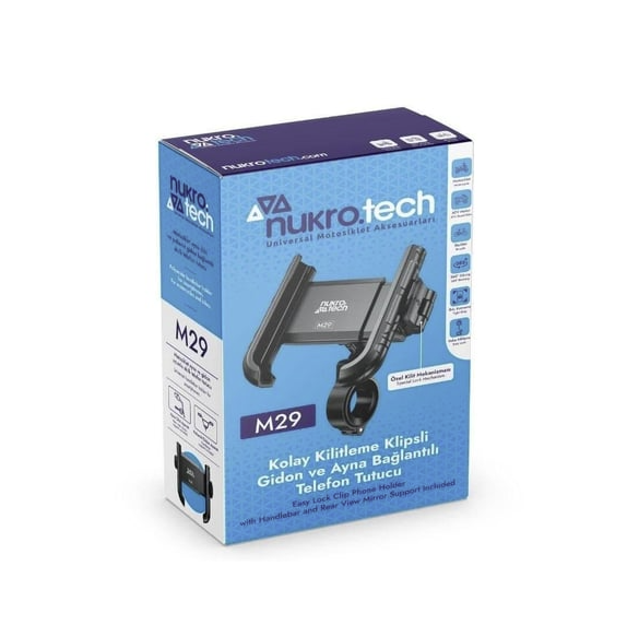 NUKRO.TECH  M29 Klipsli Telefon Tutucu (Gidon ve Ayna Bağlantı Aparatlı)